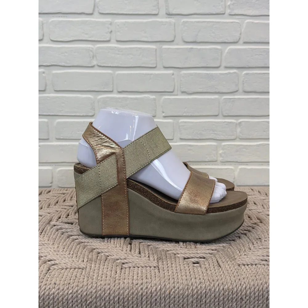 OTBT Bushnell Platform Wedge Sandals Olive Gold Size 7.5